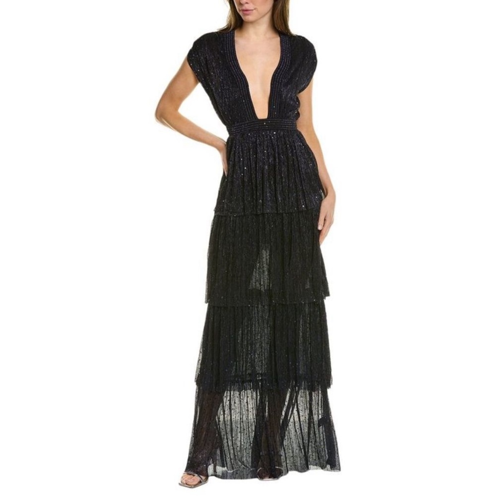 Sabina Musayev Cardinal Metallic Maxi Evening Dress- Dark Navy Blue Medium($495)